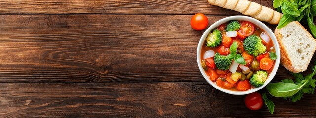 Wall Mural -  A wooden table holds a bowl of broccoli, tomatoes, onions, and a solitary slice of bread