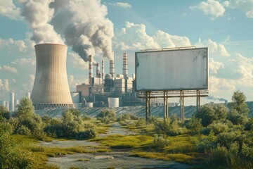 Poster - A white sign is in front of a large industrial plant