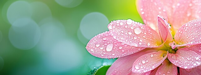 Wall Mural -  A tight shot of a pink flower, dewdrops glistening on petals, surrounded by a soft, green blur