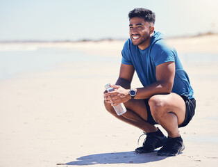 Poster - Man, beach and smile with running for fitness to exercise, workout and training in Brazil. Male person, outdoor and happy at ocean on jogging break with fresh air for wellness, wellbeing and health