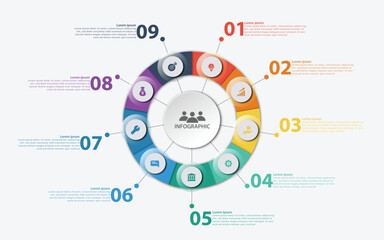 Business circular infographic template design with icons and 9 process steps or options. Can be used for slides, diagram, presentation or web design. Vector illustration