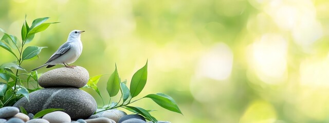 Poster -  A small bird perches atop rocks, beside a green, leafy tree in the background