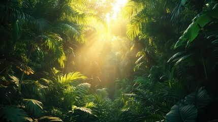 Wall Mural - dense tropical jungle with lush green foliage sunlight filtering through canopy creating dappled shadows rich textures of leaves vines and bark in various shades of verdant green