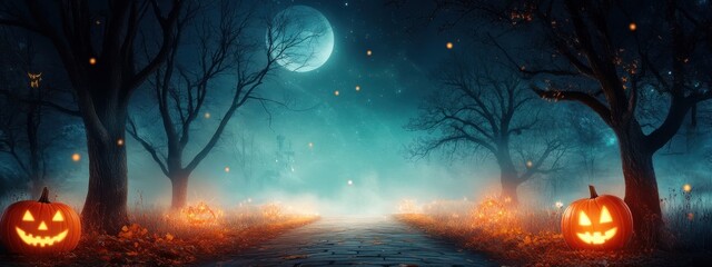 Poster - A calm, moonlit pathway lined with old trees, leading to a gentle Halloween festival in the distance