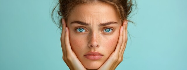 Wall Mural -  A woman with blue eyes gazes into the camera, concern etched on her face as she cradles it with her hands