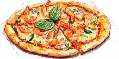 Hand drawn watercolor illustration of pizza topped with shrimp on a white background