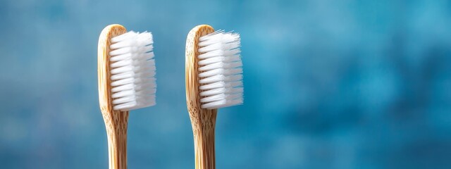  Two toothbrushes aligned on a blue background; one features white bristles, the other similarly