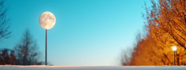 Sticker -  A solitary streetlight in a snow-covered field, moonlight illuminating its surrounds from behind a full moon