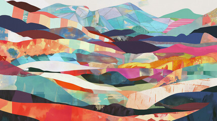 Wall Mural - a colorful painting of a mountain range with a blue sky in the background
