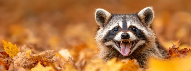 Canvas Print -  A tight shot of a raccoon in a sea of leaves, its mouth agape and tongue extended