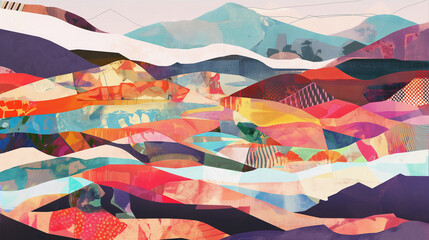 Wall Mural - a colorful painting of a mountain landscape with a blue sky