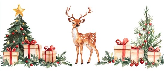 Wall Mural - Fairy illustration featuring a deer Christmas tree bells and gift boxes on a white background Watercolor greeting card design Hand drawn artwork