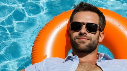 Wall Mural - A man is laying in a pool with an orange float and sunglasses on. He is smiling and he is enjoying his time in the water