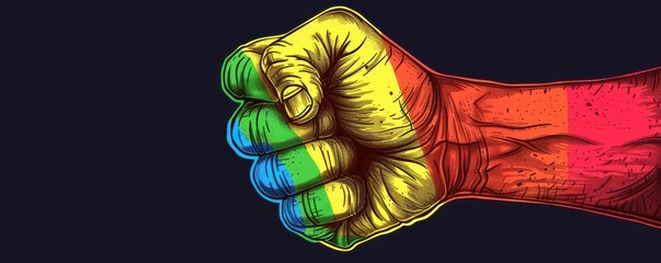 Wall Mural - Vibrant rainbow-colored fist symbolizing LGBTQ+ pride and the fight for equality. Free copy space for text.