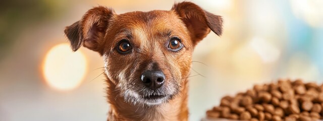 Wall Mural -  A tight shot of a dog and its bowl of kibble, foreground Background softly blurred