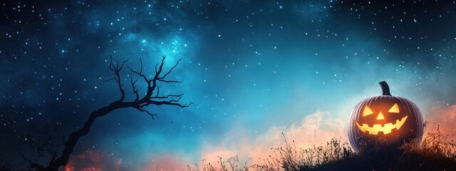 Wall Mural - a peaceful stargazing hill with a halloween theme, including telescopes pointed at constellations as