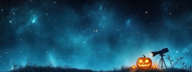 A peaceful stargazing hill with a Halloween theme, including telescopes pointed at constellations associated with mythology