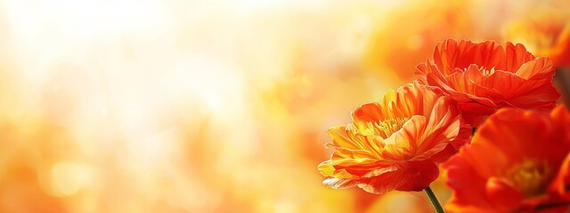 Sticker -  A tight shot of two orange blossoms against a hazy backdrop of yellow, orange, and red blooms