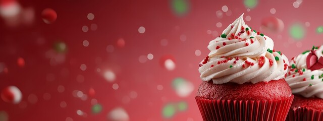  Two cupcakes, red with white frosting and sprinkles, against a red backdrop; confetti in green and red