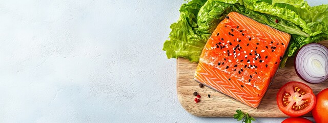 Wall Mural -  A tight shot of a slice of salmon on a cutting board Surrounding it are lettuce and tomatoes arranged as sides