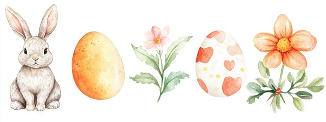 Wall Mural - Easter watercolor clip art featuring a bunny egg carrot flower leaf and bow symbolizes themes of resurrection and new beginnings within the context of the festival