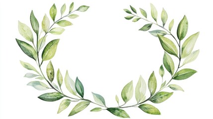 Wall Mural - Hand drawn watercolor gouache green leaves forming a festive wreath for a decorated greeting card set against a white background