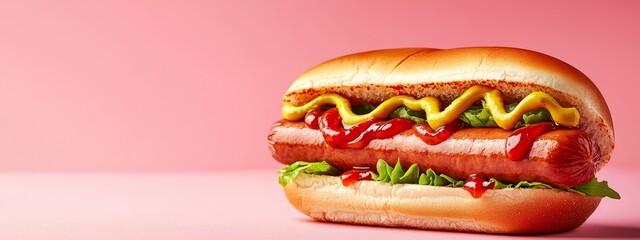  A hot dog in a bun topped with ketchup, mustard, and lettuce The bun is also dressed with ketchup and mustard