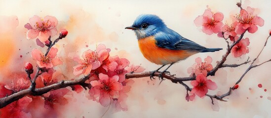 Naklejka na meble Bluebird Perched on a Branch of Pink Blossoms