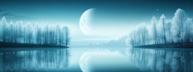 Wall Mural - a quiet lake with a mirror-like surface reflecting the moon, surrounded by ghostly white trees