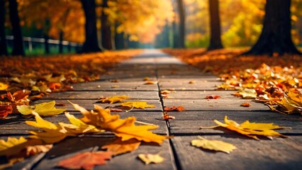 Wall Mural - Empty pathway for mockups covered with colorful fallen leaves. Unoccupied wooden path in autumn forest park perfect for fall season themed presentations.
