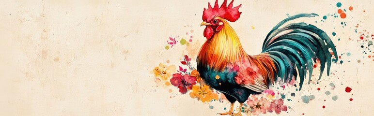 Poster - Hand painted watercolor illustration of a rooster with vibrant plumage and floral accents on a beige background