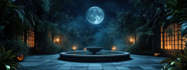 Wall Mural - a serene, moonlit courtyard with a gentle fountain, surrounded by tasteful halloween decorations