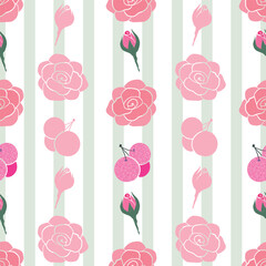 Wall Mural - Roses and berries flowers and fruits pattern design on striped background