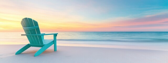 Wall Mural - A tranquil beach scene with a single, empty chair facing the ocean, soft waves lapping the shore, and pastel colors in the sky