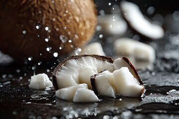 Close up Coconut Pieces and Water Droplets