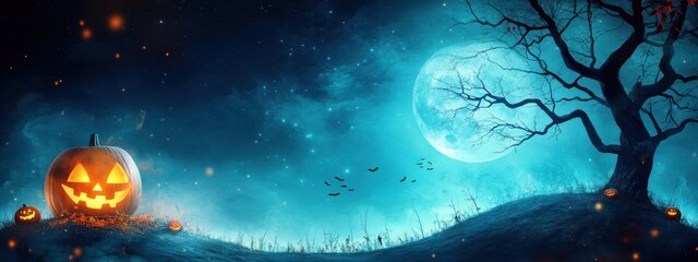 Wall Mural - a tranquil hilltop with a panoramic view of a gentle halloween festival below, under a full moon