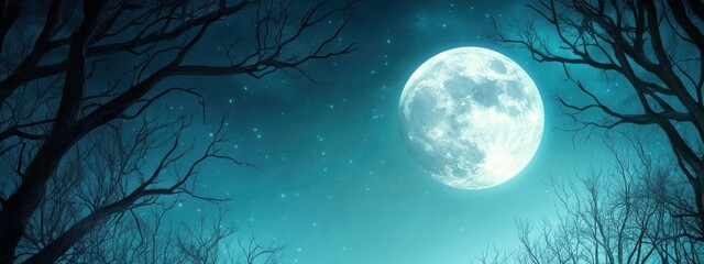 Wall Mural - a tranquil, moonlit wildlife preserve with subtle halloween decorations that respect and blend into 