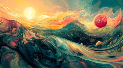 Wall Mural - Abstract Swirling Landscape with Planets and Sun