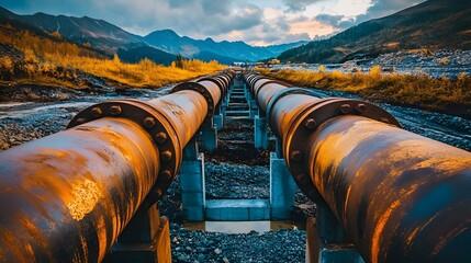 Wall Mural - A large yellow excavator is digging a trench for a pipeline. The sun is shining brightly, casting a warm glow on the scene. Concept of hard work and progress