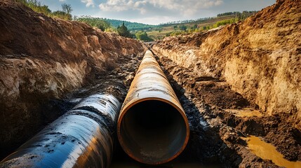 Wall Mural - A large yellow excavator is digging a trench for a pipeline. The sun is shining brightly, casting a warm glow on the scene. Concept of hard work and progress