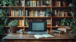 © zulie - Laptop on a desk in front of a bookshelf
