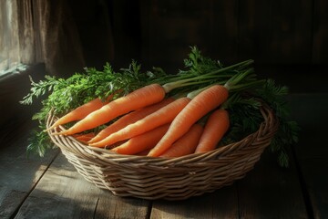 Freshly harvested whole carrots with leaves on a wooden table, rustic