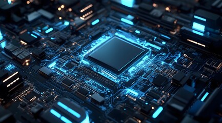 Wall Mural - Close-up of a Blue Illuminated Circuit Board with a Central Processor