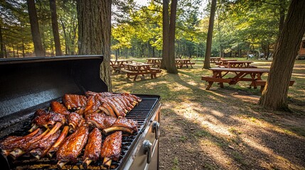 Wall Mural - BBQ ribs on a grill with picnic tables in the background.