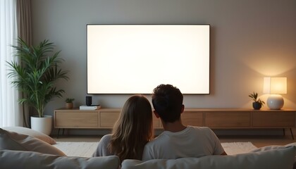 Wall Mural - Two man watching TV concept, Young couple is watching TV with a blank white screen in a minimalist living room, Family watching TV, Two man watching TV concept, Watching TV in living room