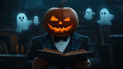 Wall Mural - Enchanting Pumpkin Storyteller Conjuring Ghostly Tales with Magical Book, Fantasy Halloween Concept.