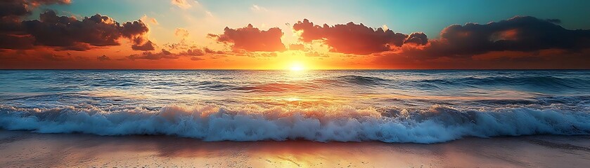 Poster - Ocean Sunset Waves Beach Seascape Background Illustration