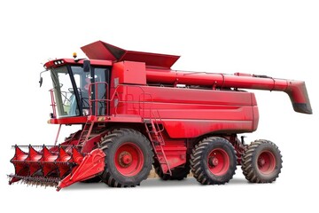 A red combine harvester on a white background, suitable for agricultural or farm-related themes