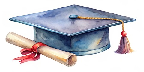 Wall Mural - Watercolor of a graduation cap with diploma , watercolor, graduation, cap, diploma, education, achievement, ceremony