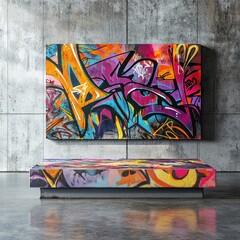 Urban Chic Display, A modern artistic presentation showcasing a cosmetic product on an urban podium, featuring graffiti textures and vibrant spray paint against a concrete backdrop.